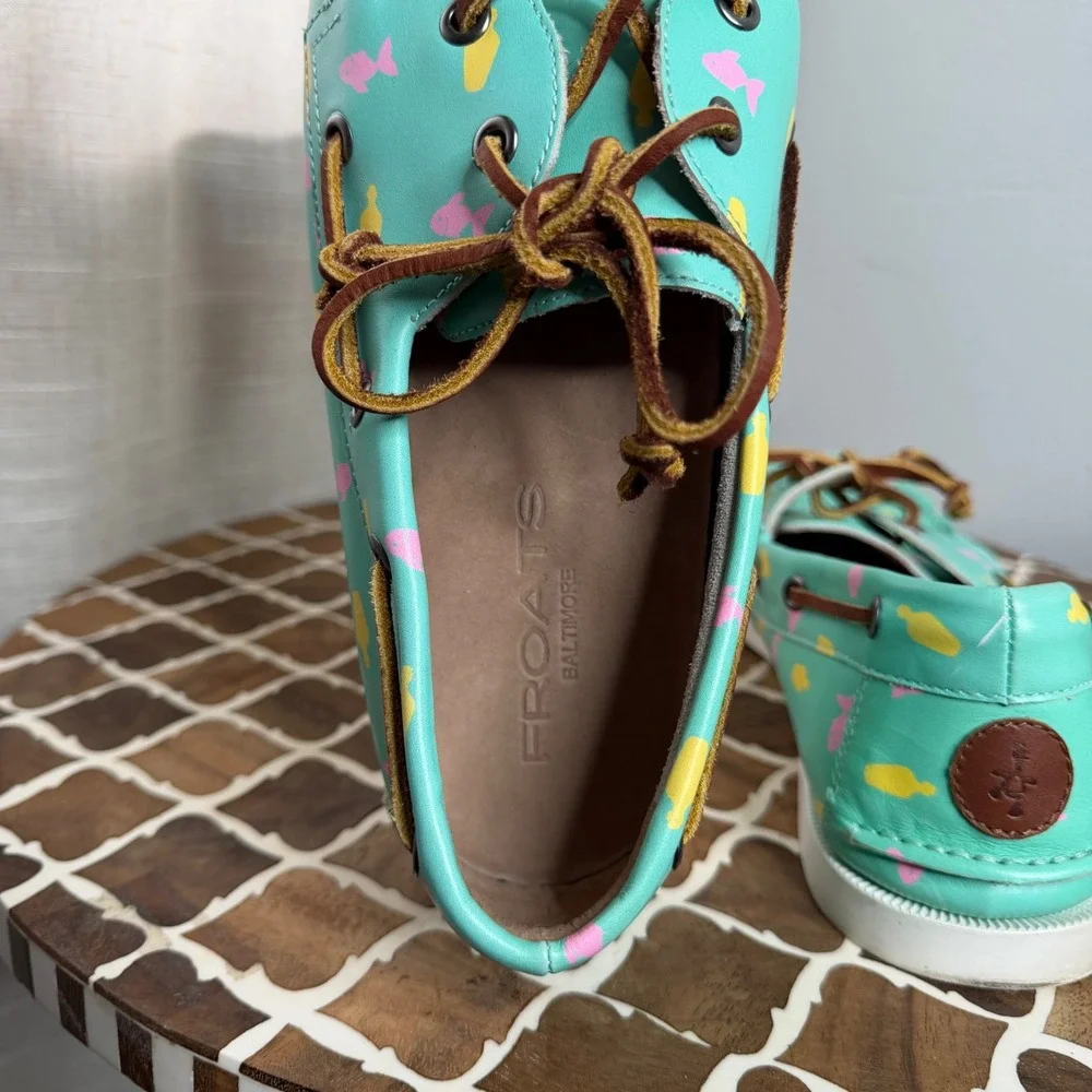 Froats Bermuda Breeze Boat Shoes‎ Fish Print Aqua Teal Leather Men's Size 10.5